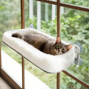 Cordless Cat Window Hammock with White Cushion,Replaceable Accessories, Washable Cover, Hook Design, Window Seat for Easy Installation Ideal for Indoor Cats with 4 Strong Suction Cups