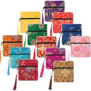 kilofly 12 pc Silk Brocade Tasseled Coin Purse Zipper Jewelry Bag Gift Pouch Set