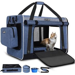 Petskd Extra Large Cat Carrier for 55LBS Pet Car Travel with Litter Box, 24"x17"x17" Soft Large Cats or Medium Dog Carrier with 5 Breathable Mesh Windows and Locking Zippers for Long Distance(Blue)