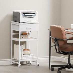 3 Tiers Printer Stand with Small Storage Drawer, All in One Rolling Printer Cart with Wheels for Home Office, Under Desk Mobile Printer Table and Desktop with Storage Shelves, White