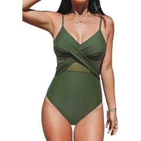 CUPSHE Women V Neck One Piece Swimsuit Wrapped Mesh Tummy Control Bathing Suit with Adjustable Spaghetti Straps