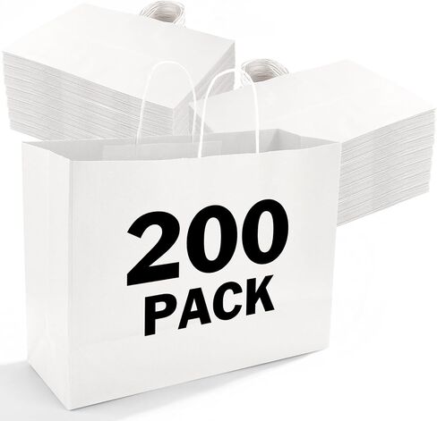 XPCARE 200Pack Paper Gift Bags with Handles Bulk,16x6x12 Inch Plain Natural Kraft Bags Packaging,Black Paper Bags,for Birthday Party,Boutiques,Small Business,Retail Stores,Merchandise in Kuwait