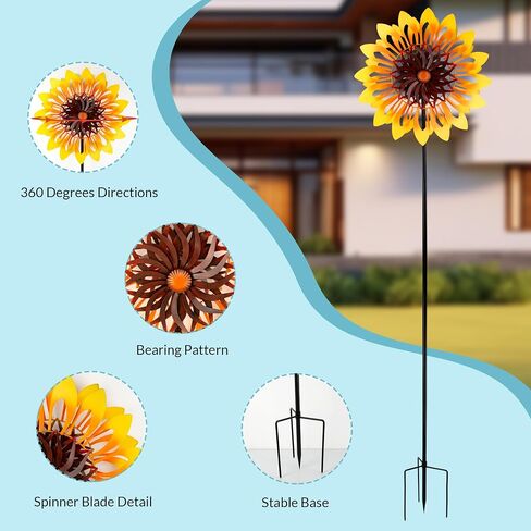 Sunflower Wind Spinners, 360 Degrees Swivel Metal Wind Sculptures, 62" Garden Pinwheels for Yard Lawn Patio Decor in Kuwait