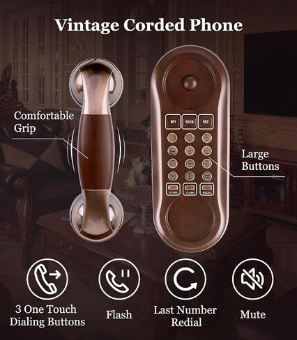 هاتف Sangyn Corded Wood Wood Grain Wood Phone ، لا توجد طاقة AC مطلوبة ، 3 مفاتيح الاتصالات السريعة ، الأزرار الكبيرة ، Ringer Mechanical Ringer ، التحكم في مستوى الصوت ، Redial ، كتم ، فلاش ، هاتف أرضي للمنزل المنزلي in Kuwait