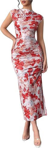 Women's Floral Print Midi Bodycon Dresses Split Thigh Ruched Mock Neck Fitted Tank Dress in Saudi Arabia
