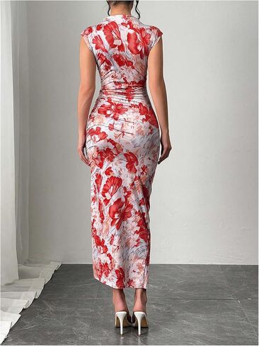 Women's Floral Print Midi Bodycon Dresses Split Thigh Ruched Mock Neck Fitted Tank Dress in Saudi Arabia