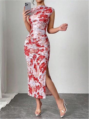 Women's Floral Print Midi Bodycon Dresses Split Thigh Ruched Mock Neck Fitted Tank Dress in Saudi Arabia