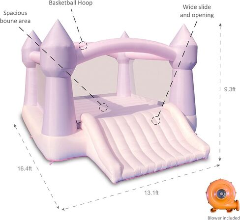 Bounceland Party Castle Daydreamer Cloud Bounce House ، 16.4 قدمًا L x 13.1 قدمًا و W × 9.3 قدمًا ، Hoop Basketball Hoop ، ul Strong Blower ، لون الباستيل العصري ، شريحة ممتعة ومنطقة ترتد ، موضوع القلعة للأطفال in Kuwait