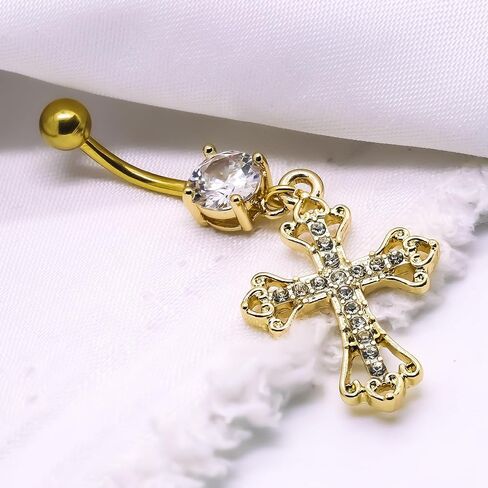 VERAMI 14G 316L Celtic Cross Belly Button Ring Surgical Steel Paved Gems Dangling Belly Button Ring Body Piercing Jewelry in Kuwait