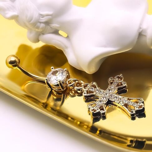VERAMI 14G 316L Celtic Cross Belly Button Ring Surgical Steel Paved Gems Dangling Belly Button Ring Body Piercing Jewelry in Kuwait