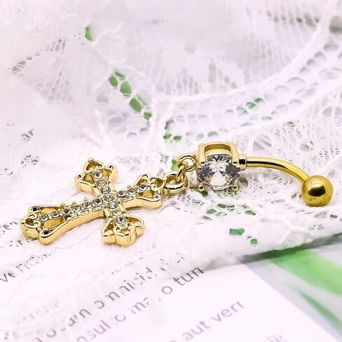 VERAMI 14G 316L Celtic Cross Belly Button Ring Surgical Steel Paved Gems Dangling Belly Button Ring Body Piercing Jewelry in Kuwait