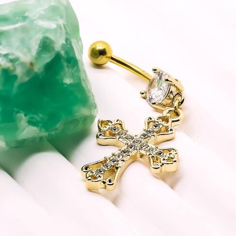 VERAMI 14G 316L Celtic Cross Belly Button Ring Surgical Steel Paved Gems Dangling Belly Button Ring Body Piercing Jewelry in Kuwait