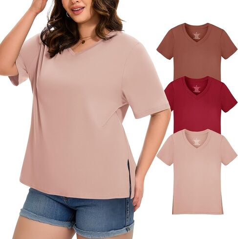 HLTPRO 3 Pack Women's Plus Size V Neck T-Shirt Black Casual Short Sleeve Tees Loose Fit Soft Tops for Gym Workout S - 3XL in Saudi Arabia