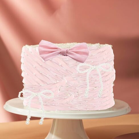 3Pack Pearl Bow knot Cake Toppers Champagne Fabric Bow Cake Decoration with 6.5 feet Pear Cake Ribbon Wrapper Pear Bow Cupcake Picks For Baby Shower Birthday Wedding Party Supplies in Kuwait