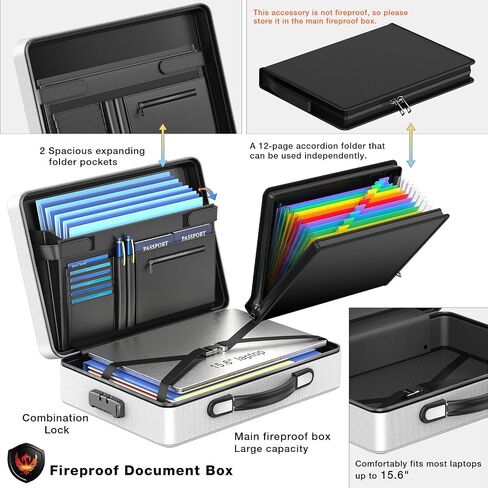 Fireproof Document Box with Fireproof Zipper, Hard Inner Shell Fireproof Document Bag with Lock, Fireproof Water Resistant Important Document Organizer 16 inch Laptop File Briefcase (Black) in Kuwait