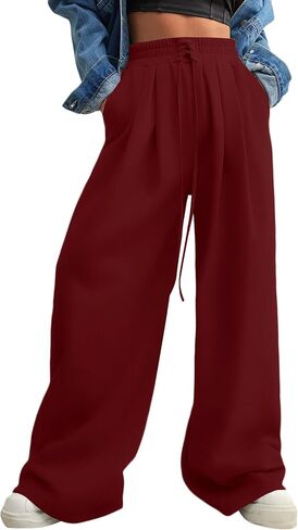 Aleumdr Wide Leg Sweatpants for Women 2025 Trendy Fashion High Waisted Drawstring Loose Long Pants with Pockets in Kuwait
