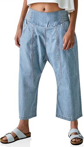 Cicy Bell Womens Wide Leg Cropped Jeans Baggy Boyfriend Smocked Mid Rise Harem Denim Pants in Saudi Arabia