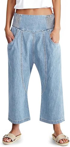 Cicy Bell Womens Wide Leg Cropped Jeans Baggy Boyfriend Smocked Mid Rise Harem Denim Pants in Saudi Arabia