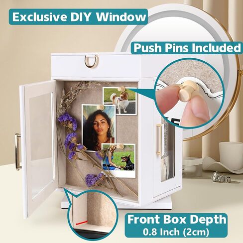 Kendal 360° Rotating DIY Jewelry Box - White PU Leather Jewelry Organizer with Pinboard, Detachable Top Tray, Drawers & Push Pins for Personalized Accessory Display & Storage in Kuwait