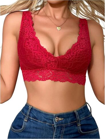 MakeMeChic Women's Floral Lace Wide Strap Wireless Backless Padded Bra Underwear in Kuwait