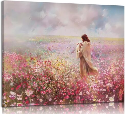 Jesus and Lamb Canvas Wall Art The Lost Lamb Christian Painting Picture Wall Decor God Religious Belief Poster Print Artwork for Church Bedroom Living Room Home Decoration,16x12in Canvas in Saudi Arabia