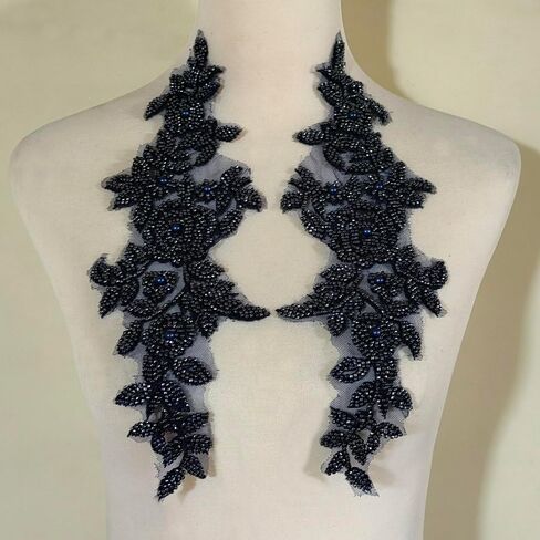 Three-Dimensional Bead lace Decal Fabric Decal, DIY Decal for WeddingDresses/Gowns/Headdresses (Black) in Kuwait
