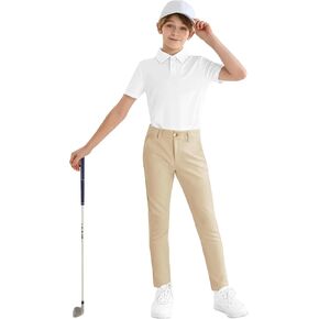 Boys Golf Pants Stretch - Adjustable Waistband Tapered Slim Fit Dress Pant Performance School Uniform Zipper Pocket