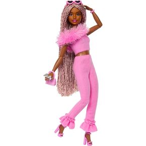 Barbie Deluxe Style Doll #4 in Barbiecore Outfit, Pink and Brown Braids, Soft Pink Top and Pant Set with Furry Collar and Fun Accessories