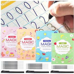 YAMMI Large Magic Grooved Writing Practice Book for Kids 3-8 (4 Pack) - 10.3x7.3 Inch Reusable Handwriting Workbooks with 3 Pens & 15 Refills, Tracing Books for Ages，School Supplies for Kids Learning