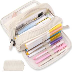 Sooez Big Capacity Pencil Case Pen Pouch, Soft Corduroy Pencil Bag with 3 Compartment, Multiple Pockets, Sturdy Zipper, Cute School Supplies Pen Bag Organizer For Teen Girls College
