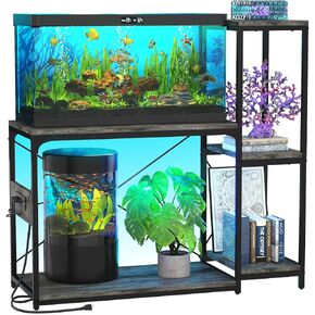 20-29 Gallon Fish Tank Stand with Power Outlet & LED Light, Reversible Wood Aquarium Stand with Shelves for Fish Tank Accessories Storage, Metal Frame, Turtle/Reptile Terrarium Stand, Black