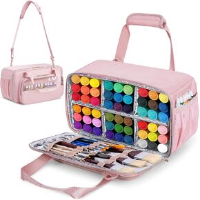 Acrylic Paint Organizer Case for 54 Bottles (2 oz), Craft Paint Storage Organizer with Shoulder Strap, Paint Bottle Organizer Bag with Brush Storage, Pink