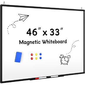 Magnetic Dry Erase Whiteboard - 46 x 33 Inch White Board - 4 x 3 Large Wall-Mounted Board with Silver Aluminum Frame, 1 Magnetic Eraser, 2 Pen, Detachable Marker Tray, 6 Magnets