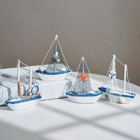 4PCS Wooden Sailboat Model Decor,Mini Sailboat Decor Beach Themed Home Decoration for Table Top Living Room Bedroom,Ocean Party Decorations