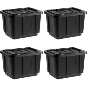 IRIS USA 12 Gallon Heavy Duty Truck Bed Toolbox Storage Tote Bins with Lids, 4 Pack - Made in USA, Tough Snap On Lid Stackable Industrial Rugged Tubs, Garage Organization, Reusable Box - Black/Yellow