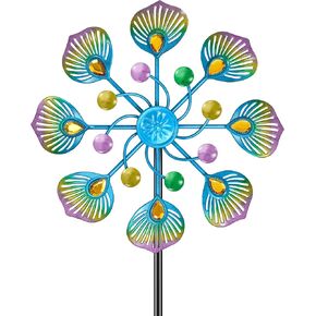 59 inch Outdoor Kinetic Wind Spinner, Double Blade Wind Sculpture with 5 Prong Base, Geometric Metal Windmill for Garden, Lawn & Patio Decoration (Blue Gold)