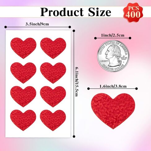 Heart Stickers, 320 PCS Heart Stickers for Kids, 1.5 Inch Large Glitter Red Heart Shaped Stickers, Self-Adhesive Love Decorative Stickers Labels for Valentine's Day Kids Reward Envelopes Scrapbooking in Kuwait