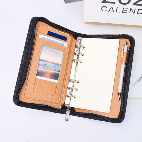 Black A6 Binder Binder Zipper Pu prolders غطاء قابلة لإعادة التعبئة 6 حلقات فضفاضة غطاء ملزم أوراق للاخطاف لمستلزمات مجلة Planner Traveler Journal (Black A6 Binder) in Kuwait