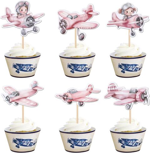 36 PCS Airplane Cupcake Toppers Pilot Aviation Plane Cupcake تختار طائرة كب كيك لتزيين طائرة طائرة استحمام الطفل أطفال عيد ميلاد للحفلات الزخمة in Kuwait