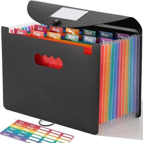 Accordion File Organizer 12 Pockets, Monthly Bill Receipt Tax Organizer, Expanding File Folders with Larger Bright Tabs, Fits Letter/A4 Size - Black - Purple in Kuwait