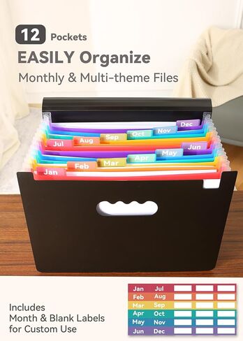 Accordion File Organizer 12 Pockets, Monthly Bill Receipt Tax Organizer, Expanding File Folders with Larger Bright Tabs, Fits Letter/A4 Size - Black - Purple in Kuwait