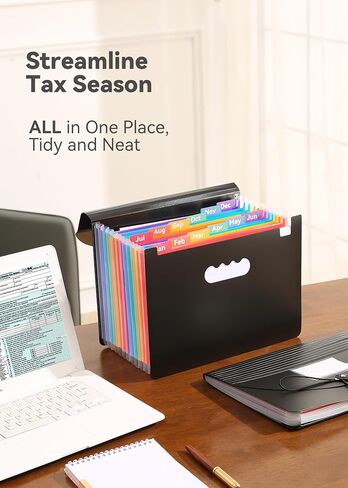 Accordion File Organizer 12 Pockets, Monthly Bill Receipt Tax Organizer, Expanding File Folders with Larger Bright Tabs, Fits Letter/A4 Size - Black - Purple in Kuwait