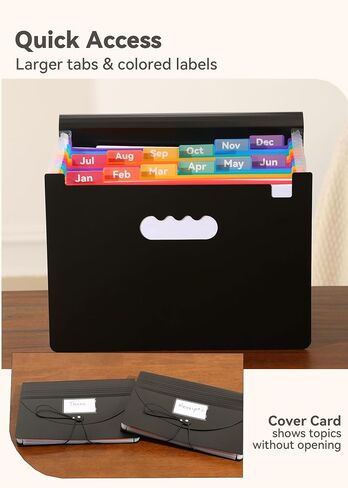 Accordion File Organizer 12 Pockets, Monthly Bill Receipt Tax Organizer, Expanding File Folders with Larger Bright Tabs, Fits Letter/A4 Size - Black - Purple in Kuwait