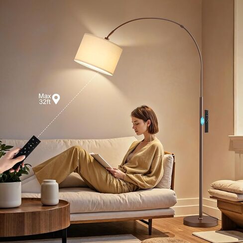 مصباح أرضي قوس قابلة للضمان مع وجود درجات حرارة نائية ودرجات حرارة ملونة وسطوع قابلة للتعديل ، مصباح أرضي مقوسة مع رأس دوار ، فوق ضوء القراءة المقوسة للأريكة لغرفة المعيشة (البيج العميق والأسود) in Kuwait