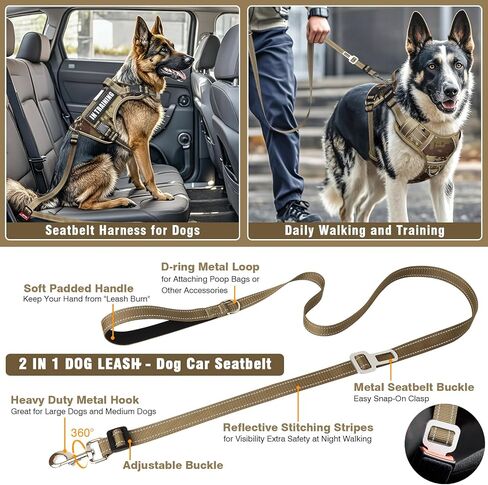 Tactical Dog Harness and Leash Set for Large Dogs,Heavy Duty No Pull Service Dog Vest and 10 Patches with Dog Seat Belt,Reflective Adjustable Pet Harness for Training Walking Hiking Camo L in Kuwait