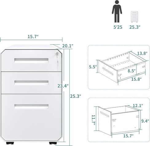 YITAHOME 3-Drawer Filing Cabinet Office Drawers with Lock, Divider and Pencil Tray, Portable Metal File Cabinet, Pre-Built Office Storage Cabinet,Black in Saudi Arabia
