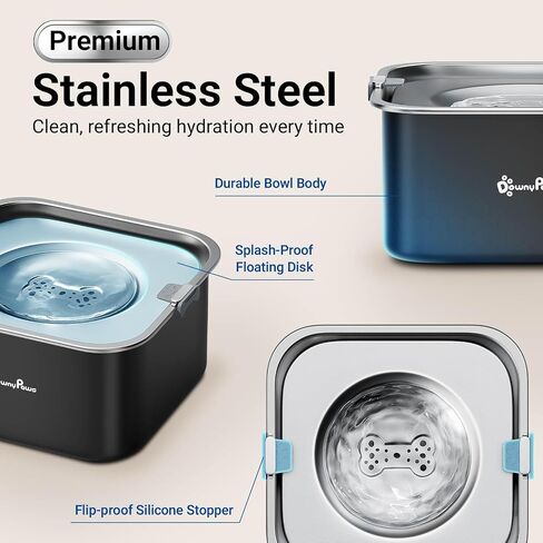 DownyPaws No Spill Water Bowl for Dogs,101oz/3L Slobber Stopper Stainless Steel, Slow Drinking Dog Water Bowl, No Mess Dog Water Dispenser Spill Proof, Dishwasher Safe, Black in Saudi Arabia