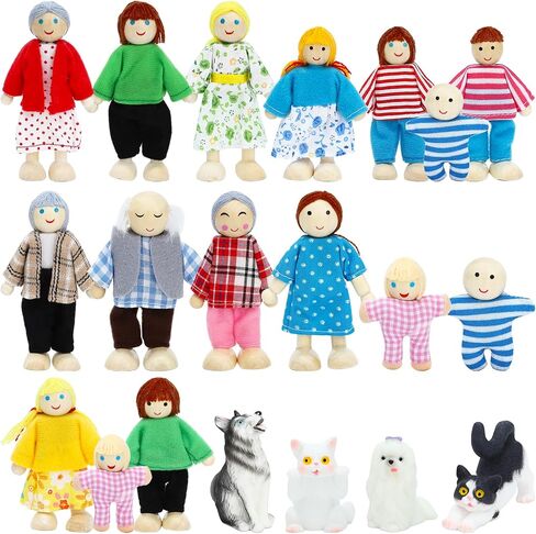 ONEST 20 Pieces Wooden Dollhouse Family Set Mini People Figures Dog Cat Sets Dollhouse Dolls Wooden Doll Family Pretend Play Figures Accessories for Pretend Dollhouse Toy in Kuwait