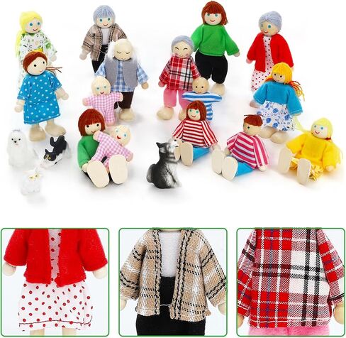 ONEST 20 Pieces Wooden Dollhouse Family Set Mini People Figures Dog Cat Sets Dollhouse Dolls Wooden Doll Family Pretend Play Figures Accessories for Pretend Dollhouse Toy in Kuwait