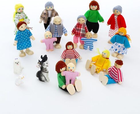 ONEST 20 Pieces Wooden Dollhouse Family Set Mini People Figures Dog Cat Sets Dollhouse Dolls Wooden Doll Family Pretend Play Figures Accessories for Pretend Dollhouse Toy in Kuwait